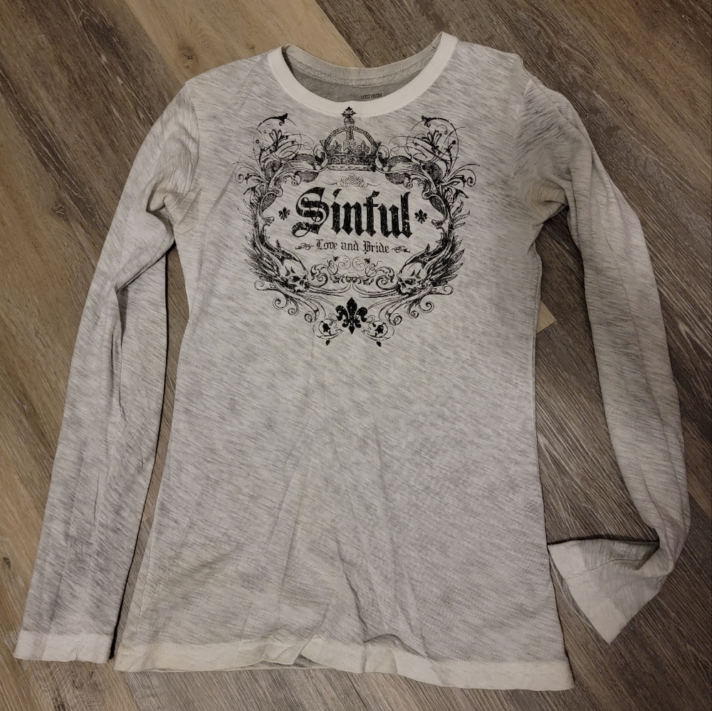 Sinful long sleeve tee, gray w/ black graphic,size medium
